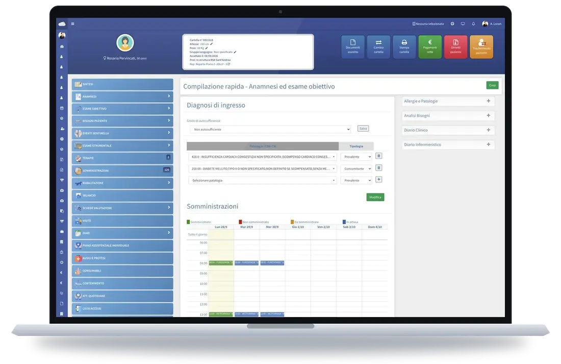 Cartella clinica elettronica MediHome: diagnosi di ingresso e calendario delle somministrazioni dell’assistito