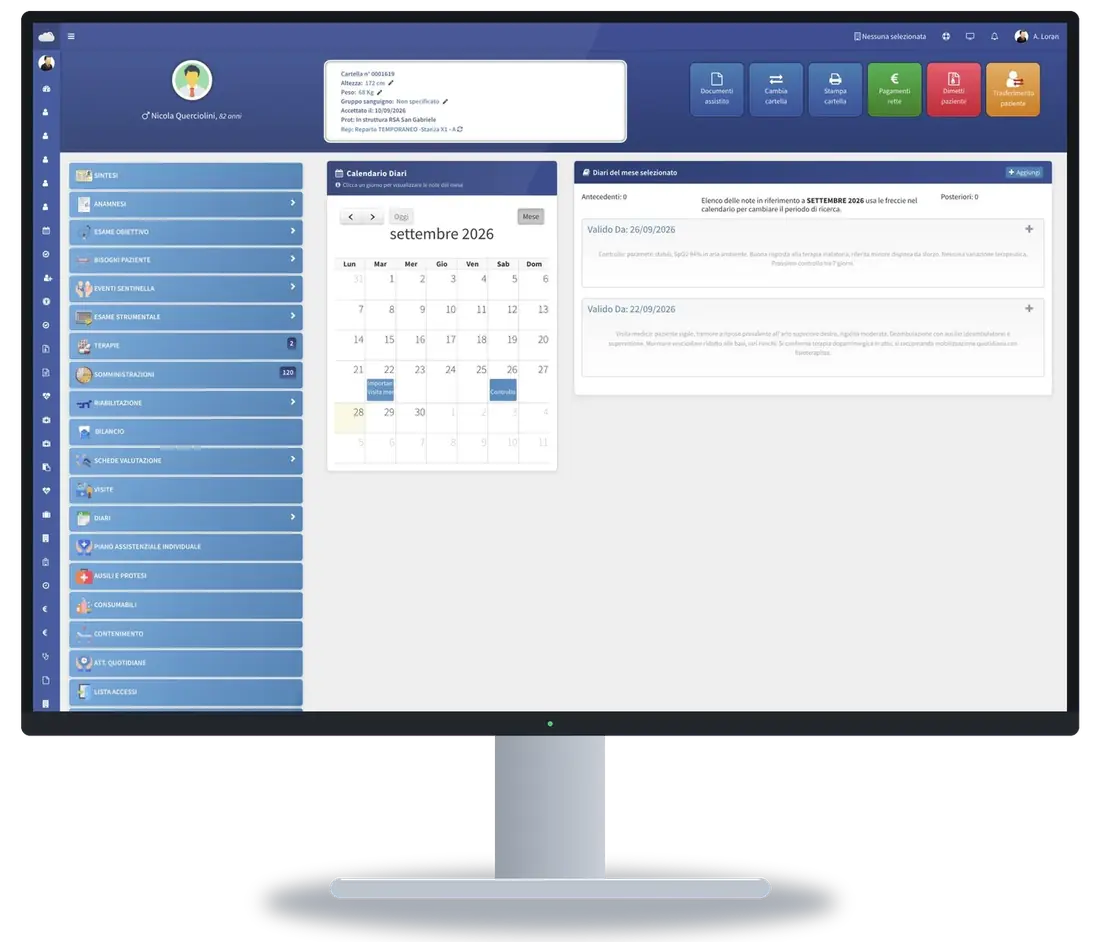Diario clinico dell’assistito in MediHome con calendario e note mediche