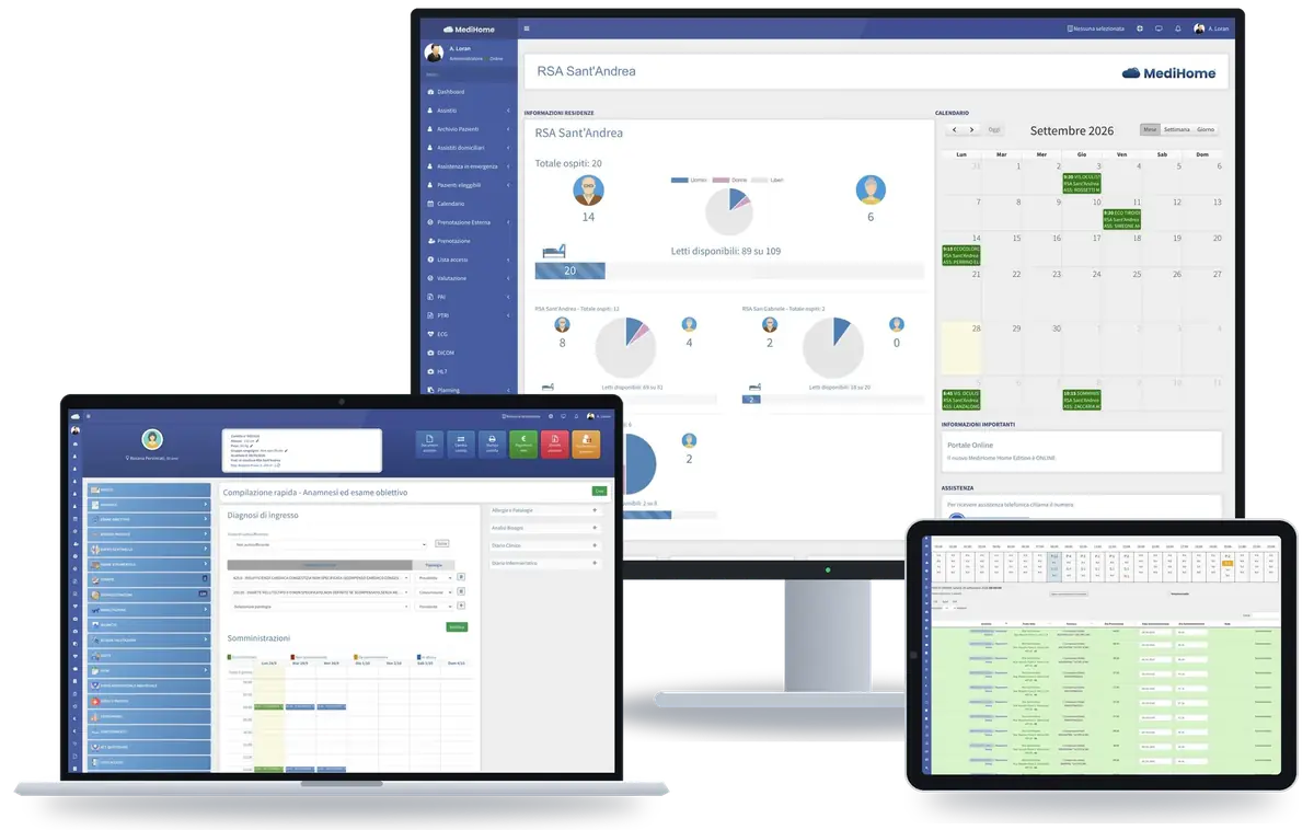 Gestionale RSA MediHome su monitor, portatile e tablet: dashboard della struttura, cartella clinica e somministrazioni