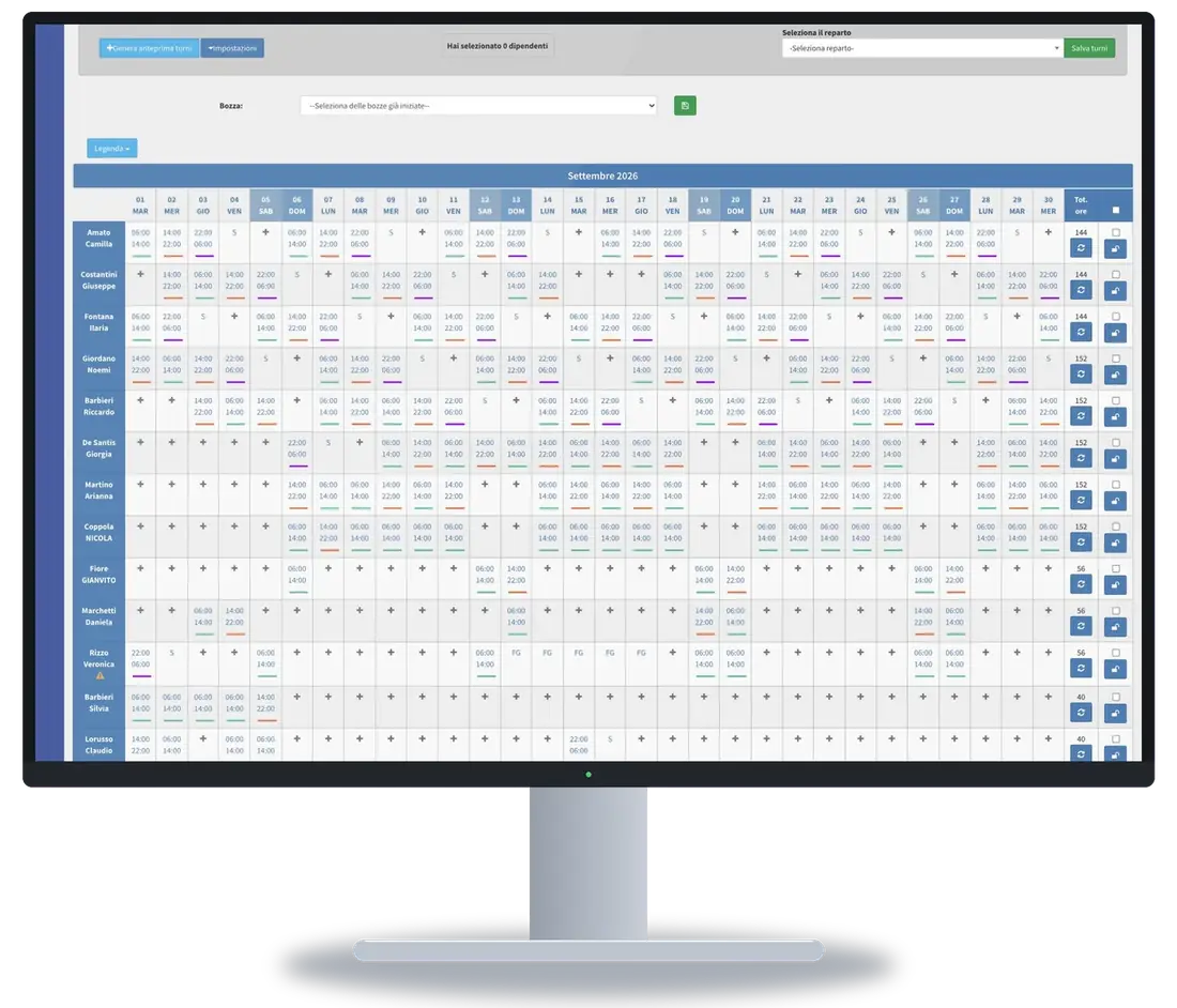 Generatore turni del personale MediHome: calendario mensile con turni di mattina, pomeriggio e notte