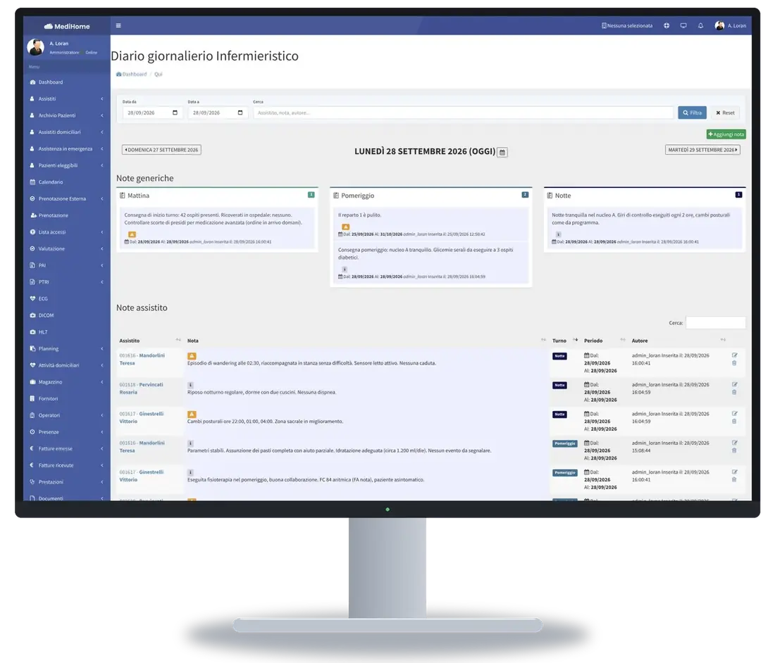 Planning infermieristico MediHome: note per turno e per assistito
